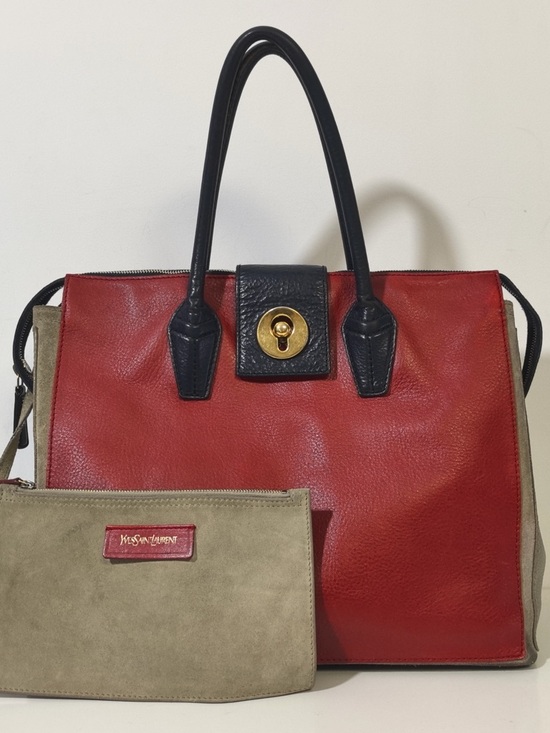 Yves Saint Laurent Handbags - YSL Red Grey Color-Block Leather Suede Tote with Pouch